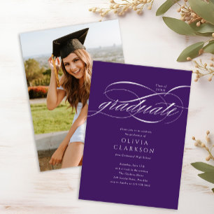 Lila Foto-Graduierungspartei für Elegantes Skript Einladung