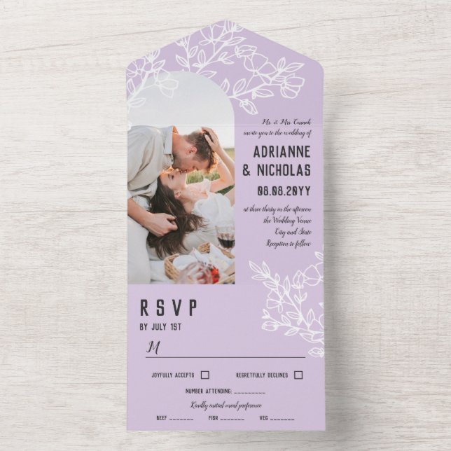 Lila Foto-Hochzeit von blühenden Branchen  All In One Einladung (Innen Boden)