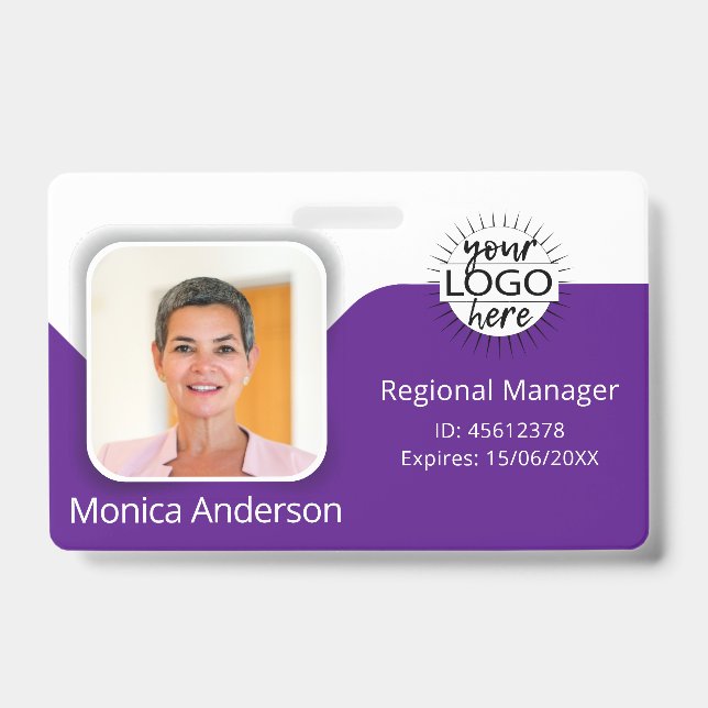 Lila Foto-ID Name QR Bar-Code Ausweis (Vorderseite)