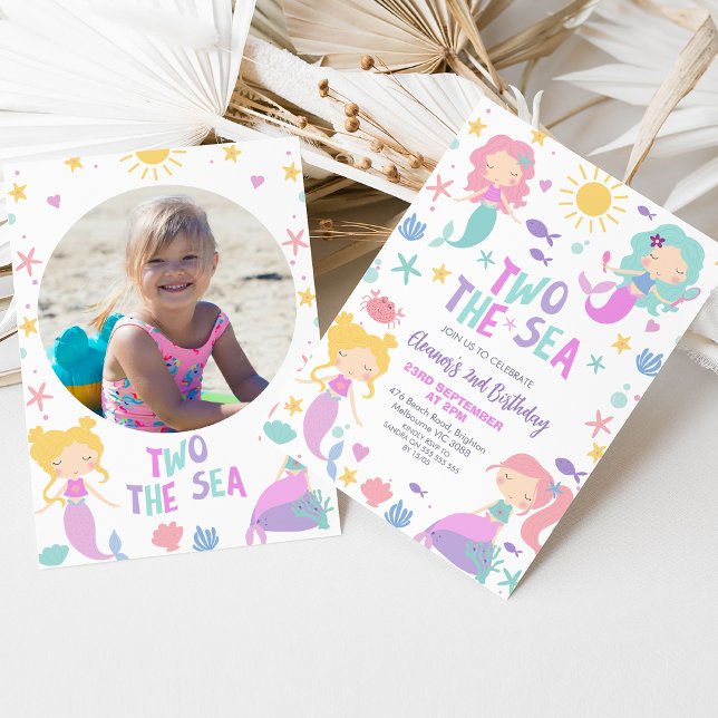 Lila Foto Mermaid Two Sea 2. Geburtstag Einladung (Two the Sea Mermaids 2nd birthday invitation, Mermaids Sea, Ocean Girls 2nd Birthday Invitation,  )