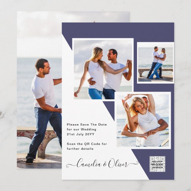 Lila FOTO-WEDING-QR-Code Rett Einladung (Vorne/Hinten)