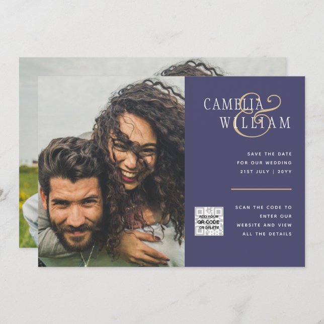 Lila FOTO-WEDING-QR-Code Rett Einladung (Vorne/Hinten)