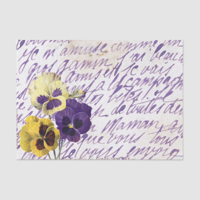 Lila französische Script-Pansy-Blume Vintag Seidenpapier (Vorderseite)