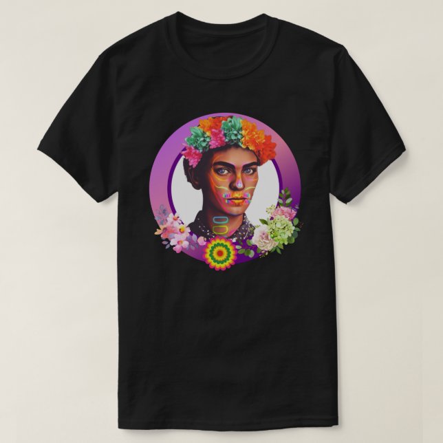 Lila Frida Kahlo Portrait mit Blume T-Shirt (Design vorne)