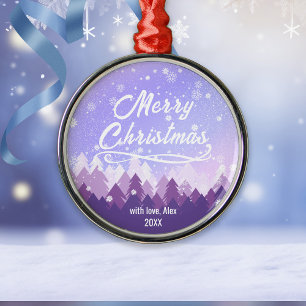 Lila Friedlicher Schneewald Frohe Weihnachten Ornament Aus Metall