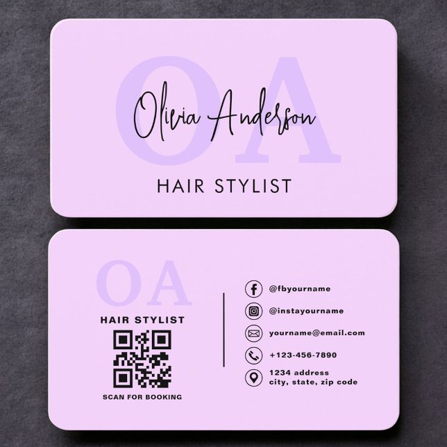 Lila Friseur-Monogramm-QR-Code Visitenkarte (Von Creator hochgeladen)
