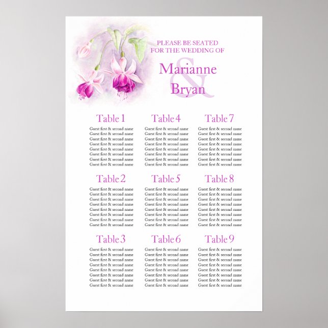 Lila fuchsia Hochzeitstisch-Planer 1-9 Poster (Vorne)