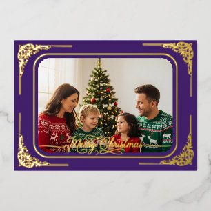 Lila Full Foto Gold gerahmte Weihnachten Folien Feiertagskarte