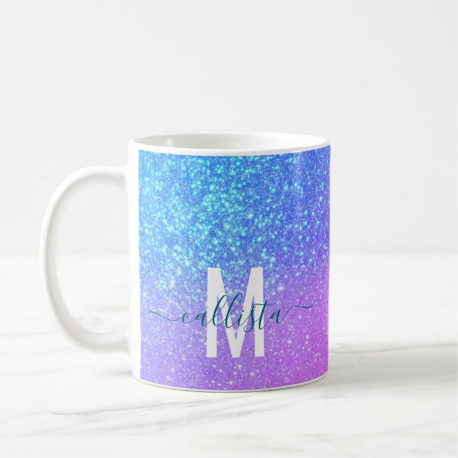 Lila Funkelnd Glitzer Ombre Monogram Kaffeetasse (Links)