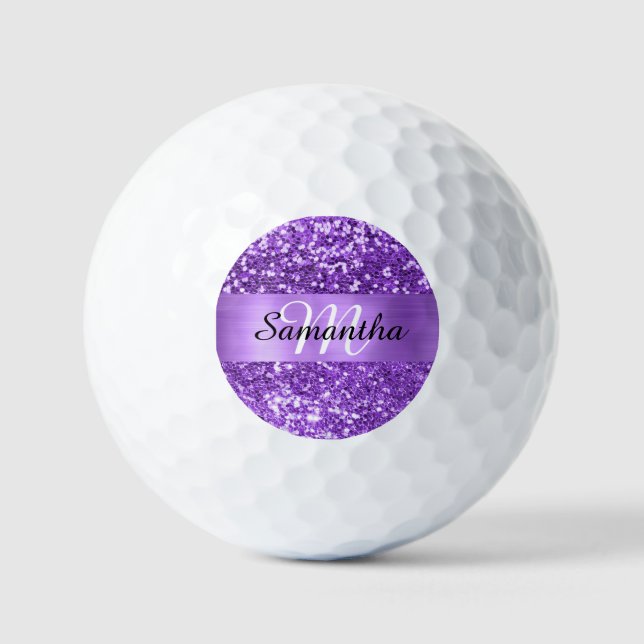 Lila Funkelnd Glitzer Shimmer Strip Foil Monogramm Golfball (Vorderseite)