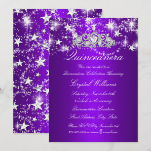 Lila funkelnde Tiara und Sterne Quinceanera Einladung