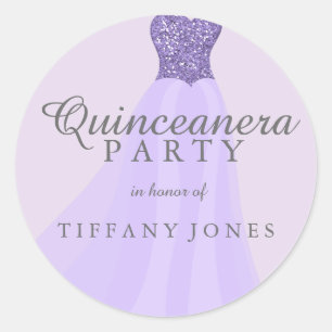 Lila funkelnder Glitzer Gown Quinceanera Party Runder Aufkleber