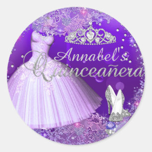 Lila funkelndes Kleid & Tiara Quinceanera Aufklebe Runder Aufkleber