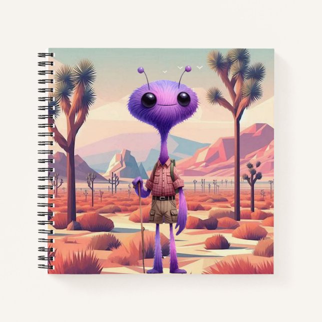 Lila Fuzzy Alien Hiker Notebook Notizbuch (Vorderseite)