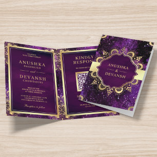 Lila-Galaxie-Gold-Mandala-QR-Code Indische Hochzei Einladung