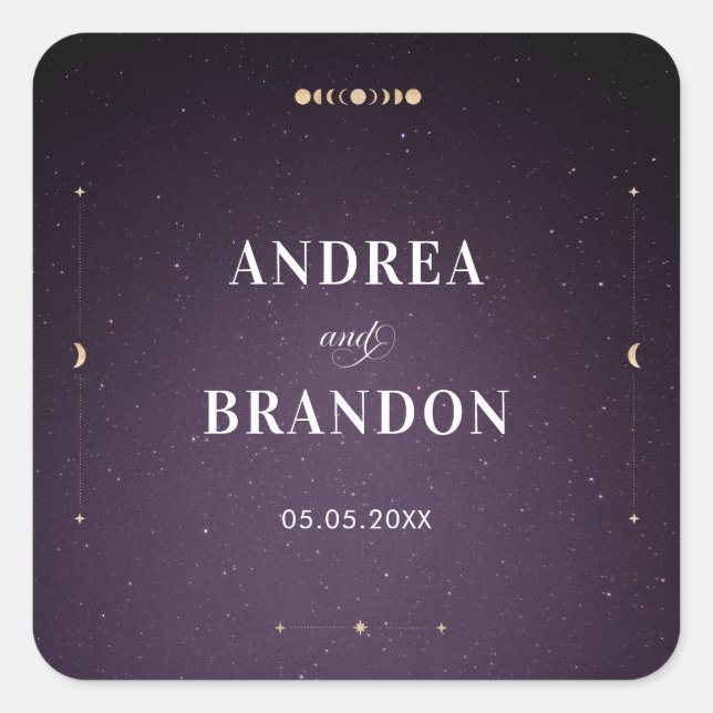 Lila Galaxy Celestial Gold Mystic Moon Wedding Quadratischer Aufkleber (Vorderseite)