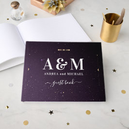 Lila Galaxy Celestial Starry Gold Moon Wedding Gästebuch