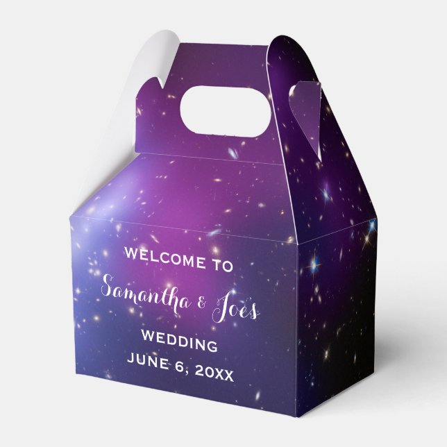 Lila Galaxy Celestial Wedding Willkommensgruß Geschenkschachtel (Vorderseite)