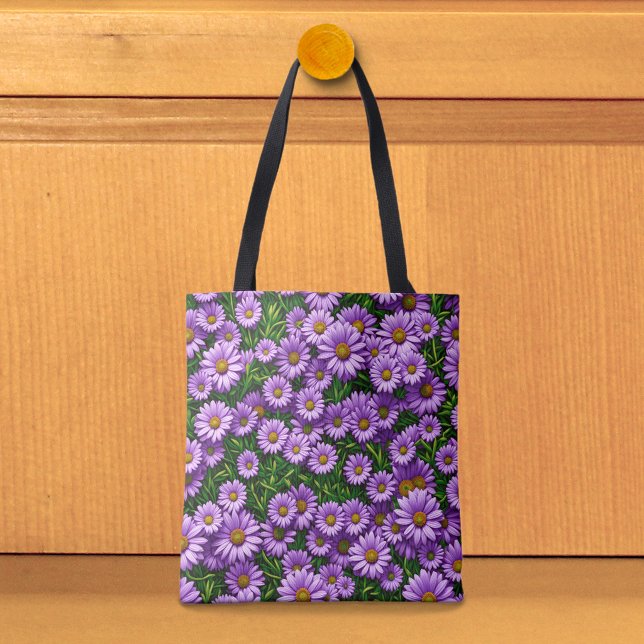 Lila Gänseblümchen-Tasche (Tote bag with purple daisies.)