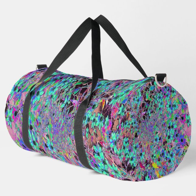 Lila Garten mit Psychedelic Aquamarine-Blume Duffle Bag (Linke Ecke)