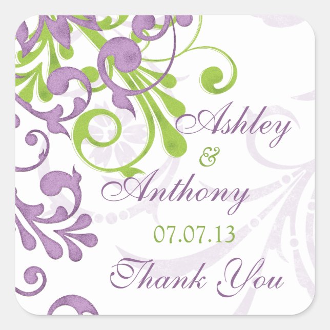 Lila Gastgeschenk Hochzeit mit weißer Blüte Quadratischer Aufkleber (Vorderseite)
