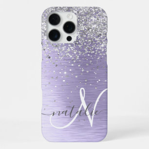 Lila gebürsteter Metall Silber Glitter Monogramm N iPhone 16 Pro Max Hülle