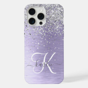 Lila gebürsteter Metall Silber Glitter Monogramm N iPhone 15 Pro Max Hülle