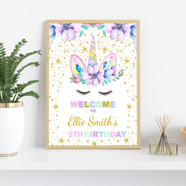 Lila Geburtstagsparty von Unicorn Begrüßungszeiche Poster (Purple Unicorn Welcome Signs)