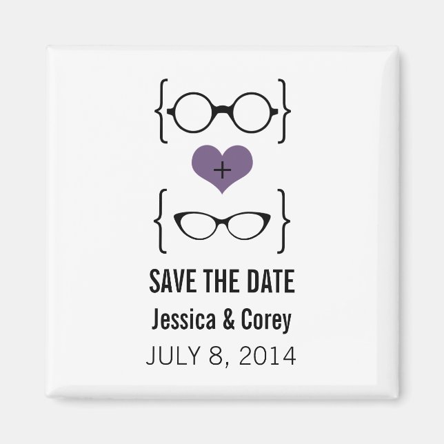 Lila Geeky Glasses Speichern Sie das Date Magnet (Vorne)