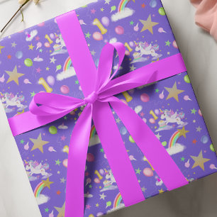 Lila gefärbtes 1. Geburtstags-Einhorn-Muster Geschenkpapier