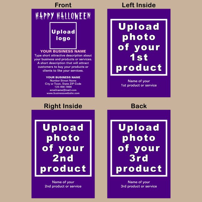 Lila geklappte Grußkarte für Unternehmen Karte (Purple Halloween folded greeting card with your business brand and products or services.)