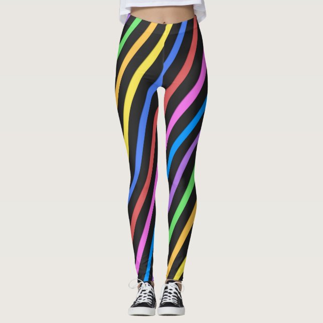 Lila-Gelb-Blau-schwarze Trippelstreifen Leggings (Vorderseite)