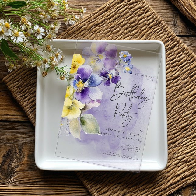Lila & gelb Blüten Moderne Geburt Acryleinladungen (Purple & Yellow Floral Modern Birthday Acrylic Invitations)