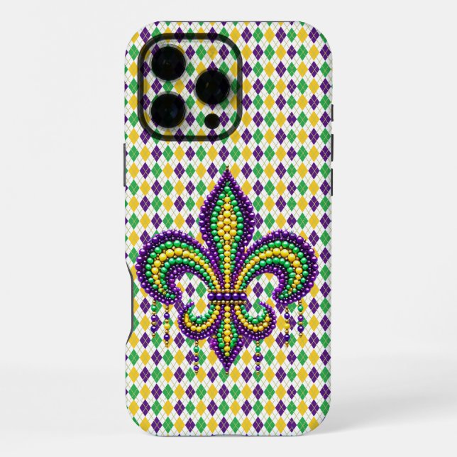 Lila gelb grün Mardi Gras fleur de lis iPhone Hülle (Rückseite)