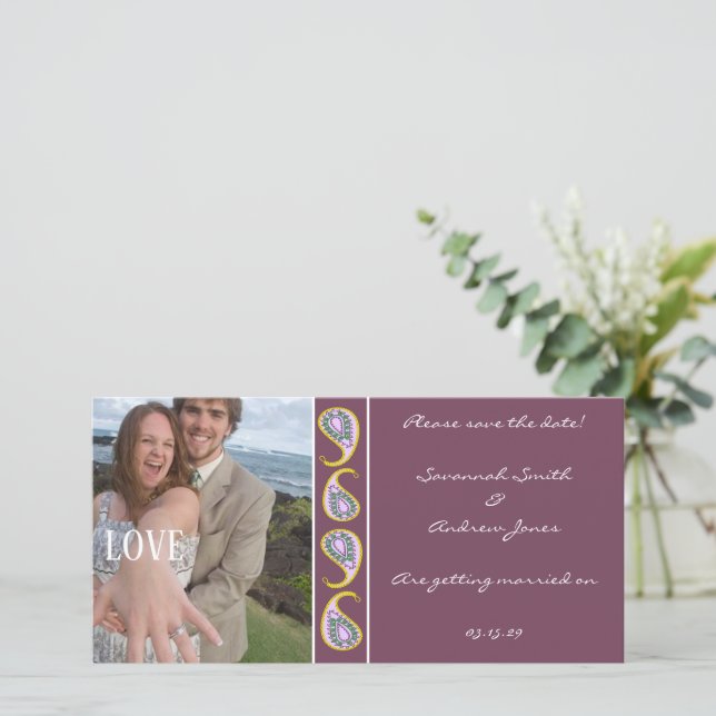 Lila & gelb Paisley Save the Date Ihr Foto (Stehend Vorderseite)