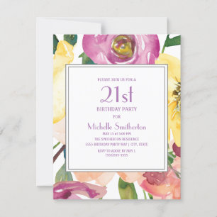 Lila Gelb Rosa Aquarell Blumen 21. Geburtstag Einladung