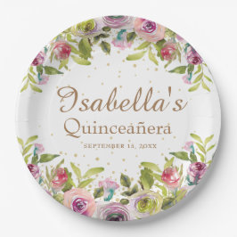 Lila-Gelb-Rosa-Blütengold-Glitzer Quinceañera Pappteller