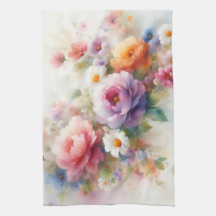 Lila Gelb Rot Blau Grün Aquarell Blumen Geschirrtuch