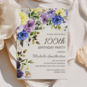 Lila Gelbe Aquarell-Blumen 100. Geburtstag Einladung