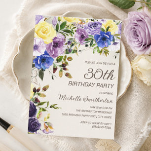 Lila Gelbe Aquarell-Blumen 30. Geburtstag Einladung