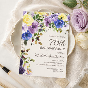 Lila Gelbe Aquarell-Blumen 70. Geburtstag Einladung