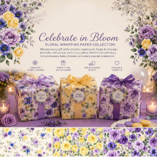 Lila Gelbe Aquarell-Blumen feiern Blühen Geschenkpapier Set