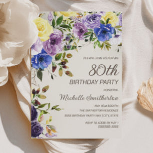 Lila Gelbe Aquarell-Blumen zum 80. Geburtstag Einladung