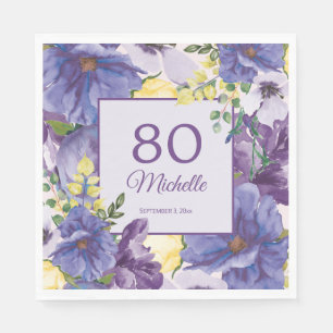 Lila Gelbe Aquarell-Blumen zum 80. Geburtstag Serviette