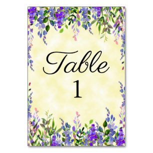 Lila-gelbe Aquarell-Blumenhochzeit Tischnummer