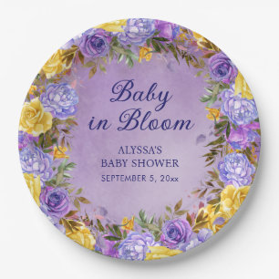 Lila-gelbe Blumige Baby-in-Bloom-Party Pappteller