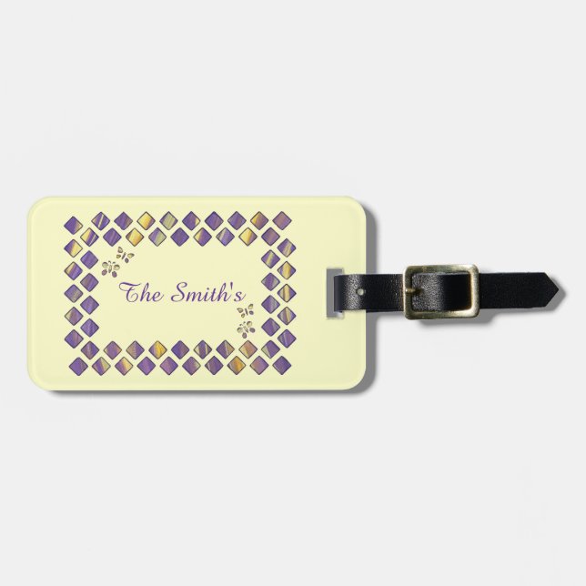 Lila Gelbe Diamanten Schmetterlinge Gepäckmarken Gepäckanhänger (Vorderseite horizontal)