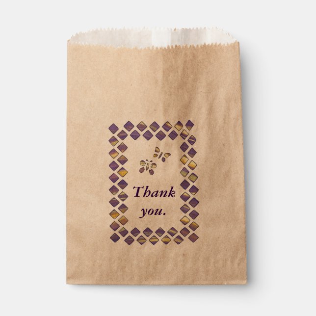 Lila gelbe Diamanten und Schmetterlinge bevorzugen Geschenktütchen (Vorderseite)