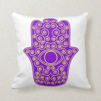 Lila gelbe Hamsa-Hand der Miriam-Hand von Fatima Kissen