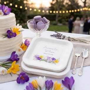 Lila Gelbe Krokus Florale Hochzeitsquadrat-Papier  Pappteller